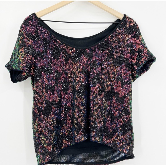 Sanctuary Multicolor Sequin Scoop Back Short Sleeve Top Size S Evening Event - Picture 6 of 6